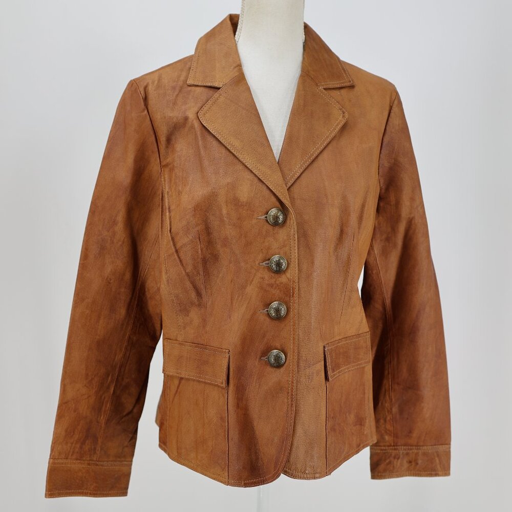 Liz‎ & Co 100% Leather Cognac Brown Indie Western Blazer Jacket L
